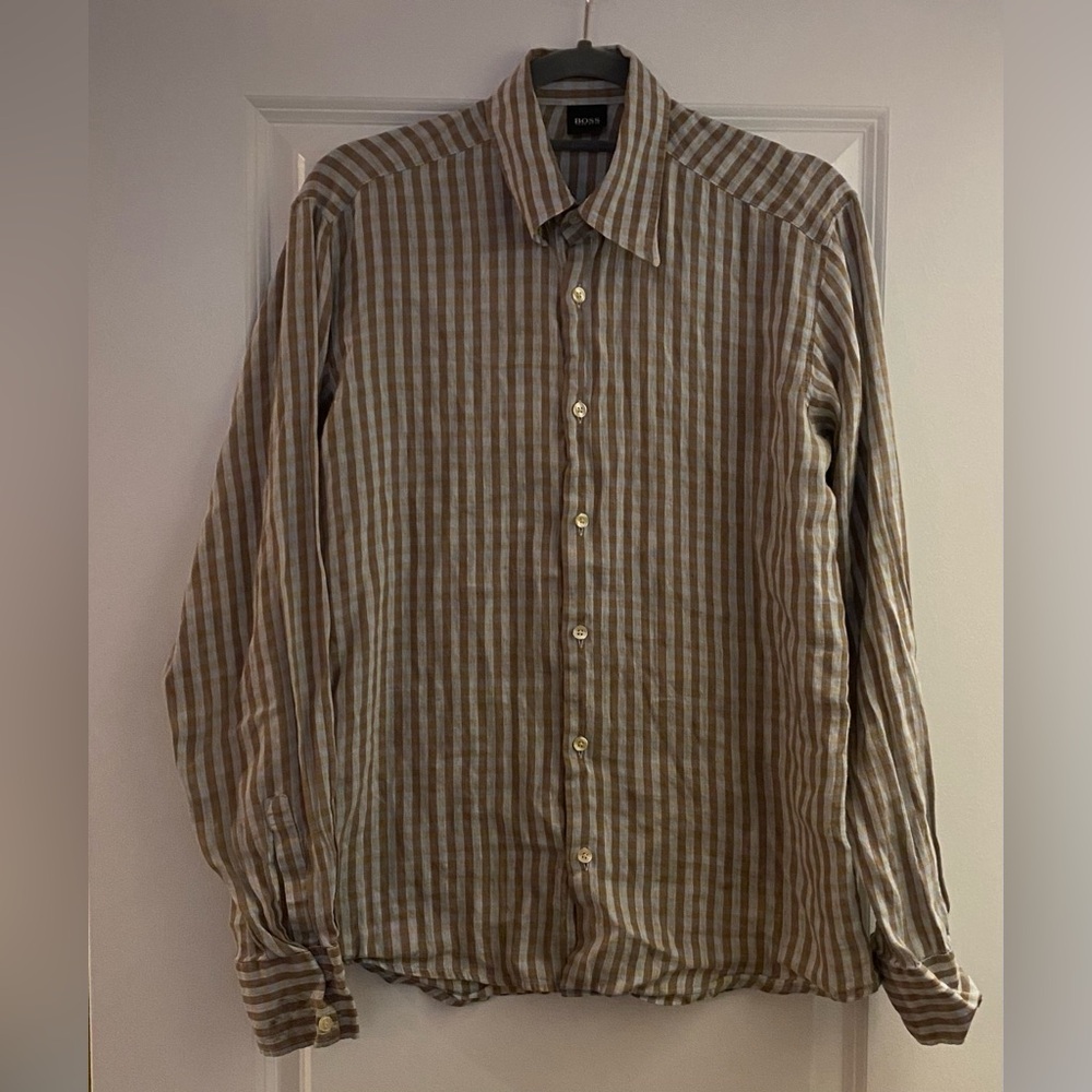 Hugo Boss Lightweight button dress shirt - tan / white checkered - Used